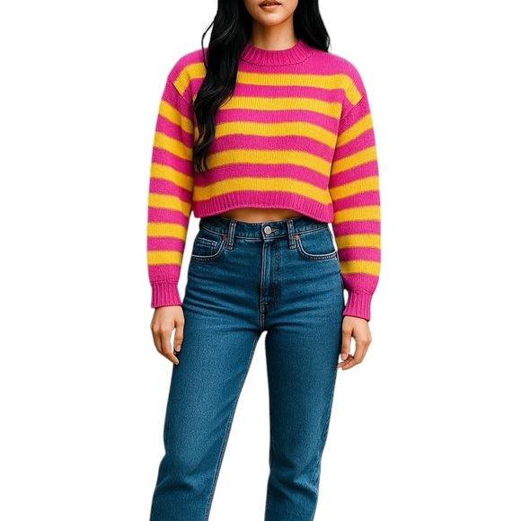 Zara striped cropped sweater, L, crewneck, pink yellow, cotton blend Soft Summer - Picture 1 of 6